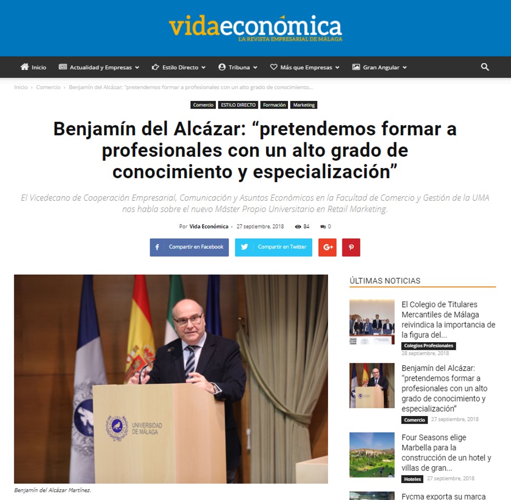 La Revista Vida Económica recoge una entrevista al Director del Máster en Retail Marketing, Benjamín del Alcázar